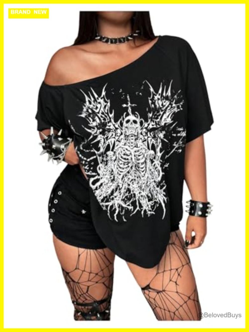 Plus Size Skull Off The Shoulder Oversized Grunge Punk T Shirt